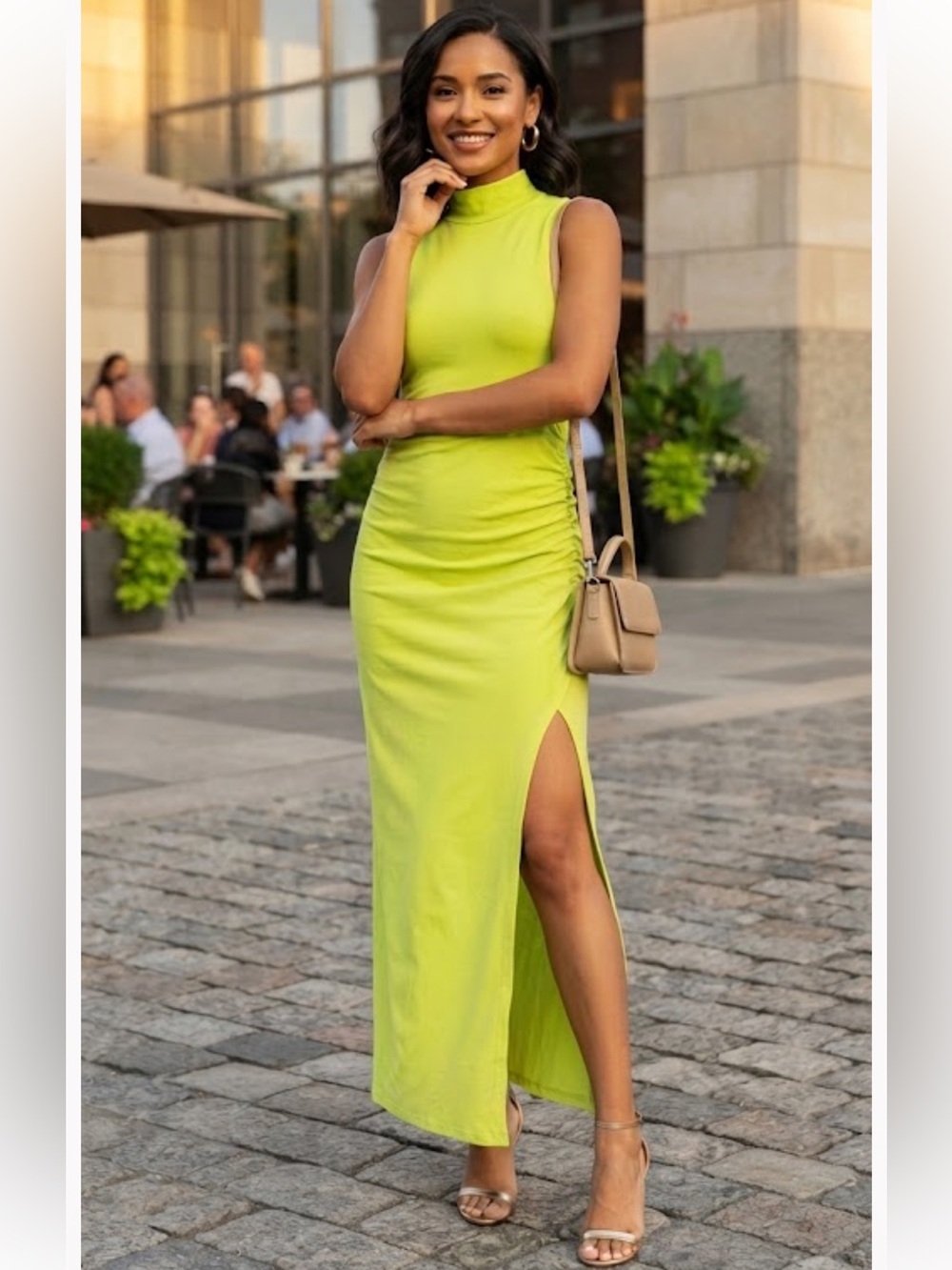 superdown Neon Lime High-Neck Sleeveless Ruched Maxi Dress